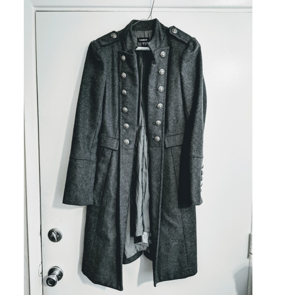 Bebe Military Trench Coat Gray Wool And Gunmetal